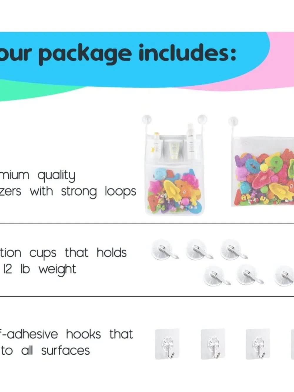 2 x Mesh Bath Toy Organizer + 8 Ultra Strong Hooks – The Perfect Bathtub Toy Hol